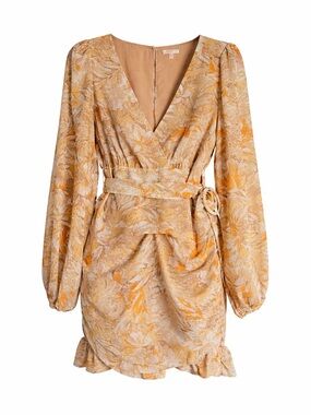 Floral Wrap-Style V-Neck Mini Dress in Mustard